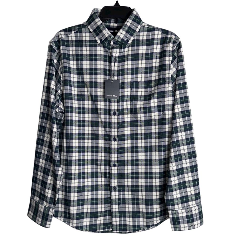 Mizzen + Main Mens Medium Trim Green Plaid‎ Button Down Shirt NWT